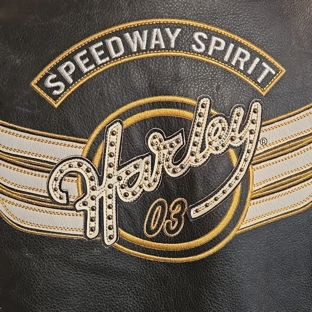 Harley-Davidson Leather Jacket Size 1W Unique Distressed Black Yellow Ivory - Picture 2 of 15